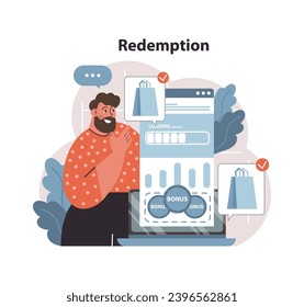 Redemption concept. Man eagerly awaits bonus rewards on digital platform. Shopping bags signify successful points exchange. Online loyalty program perks. Flat vector illustration