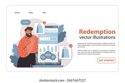 Redemption concept. Man eagerly awaits bonus rewards on digital platform. Shopping bags signify successful points exchange. Online loyalty program perks. Flat vector illustration