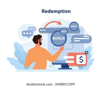 Redemption concept. Man redeems online bonuses for rewards. Engaging web offers, collecting points, and optimizing savings. Flat vector illustration