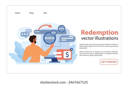 Redemption concept. Man redeems online bonuses for rewards. Engaging web offers, collecting points, and optimizing savings. Flat vector illustration