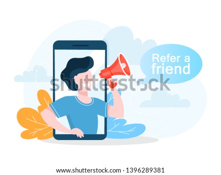 Reder a friend web banner concept. Man make promotion through megaphone. Marketing strategy. Isolated vector illustration in cartoon style