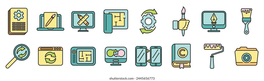 Redesign icons set outline vector. Artist brief. Creative project thin line color flat on white