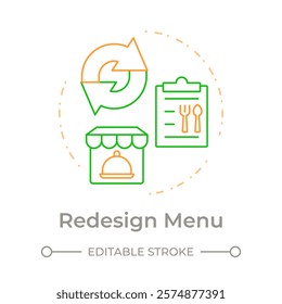 Redesign menu duo tone concept icon. Presentation of dishes. Restaurant management strategy. Round two color outline illustration. Abstract vector design. Easy to use in promotional material