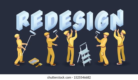 Redesign services. Isometric concept. Workers in uniform, tools and isometric word Redesign. Team of builders are works. Home renovation or house repair. Vector flat 3d illustration isolated on blue.