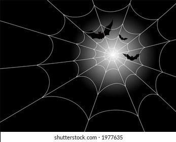 Red-eyed bats in flight against a moonlit night, with a spiderweb in the foreground.