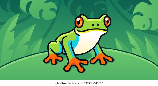 Red-Eyed Tree Frog, Cute Cartoon Illustration Of Central American Rainforest Frog In The Wild.