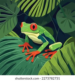 Rana de árbol de ojos rojos sobre una hoja tropical en la selva tropical. Animales de los reptiles de la selva tropical. Concepto de ilustración vectorial plana