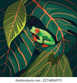 Red-eyed tree frog on a tropical leaf in the rainforest. Tropical rainforest reptiles animals. Flat vector illustration concept