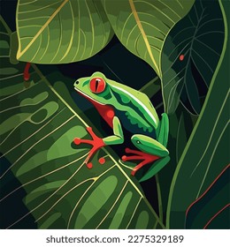 Red-eyed tree frog on a tropical leaf in the rainforest. Tropical rainforest reptiles animals. Flat vector illustration concept