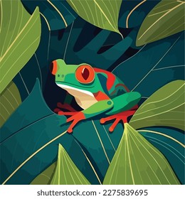 Red-eyed tree frog on a tropical leaf in the rainforest. Tropical rainforest reptiles animals. Flat vector illustration concept