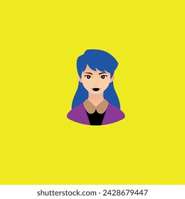 red-eyed woman with blue hair and purple clothes