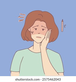 A red-faced illustration of a woman suffering from a high fever. The expressive art highlights illness and discomfort, great for health campaigns and medical awareness.