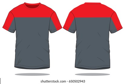 Red-Gray Short Sleeve T-Shirt Design on White Background.Front and Back View, Vector File