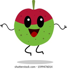 red-green apple cheerful fruit jumping on a white background cartoon character with black shiny eyes activity and vitamins concept