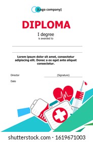 Red-green Diploma Template With Medical Icons. Flat Diploma Of The Winner Of Medical, Scientific And Educational Competitions.