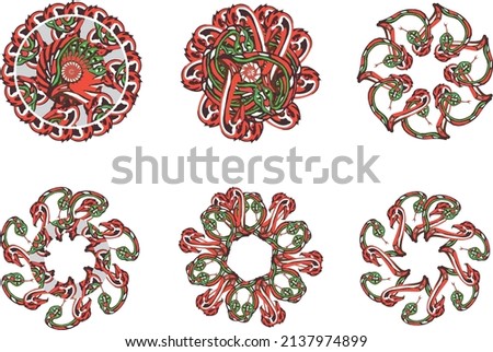 Red-green twirled snake-eagle symbols in circle form on white. Abstract unusual double eagle and a snake symbols for emblems, holidays and events, textiles, fabric, prints, fashion trends, cards, etc.