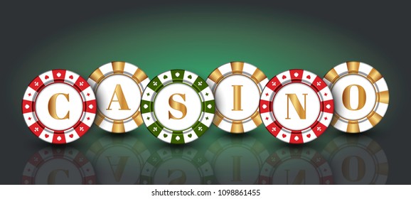 Red-green-gold casino Chips on the green background.