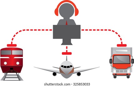 Red-grey logistics icons. Person at a computer. E-commerce