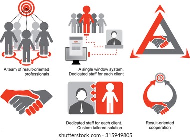 Red-grey Logistics Icons. A Team Of Result-oriented Professionals. Dedicated Staff For Each Client. Custom Tailored Solution. Result-oriented Cooperation. 