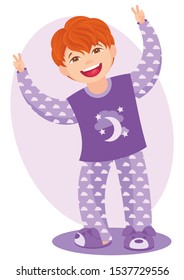 REDHAIR BOY IN VIOLET PAJAMAS AND SLIPPERS SLIGHTLY BENT STANDING WITH HANDS UP AND SMILE