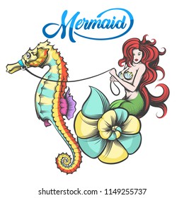 Redhair Mermaid in the shell controls the sea horse. Vector Illustration.