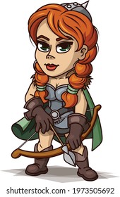 red-haired archer stands with a bow and arrow in her hands