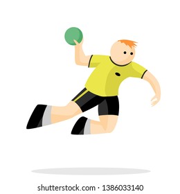 Red-haired athlete jumps and throws the ball. Sport handobol. Character illustration vector