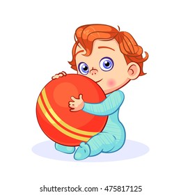 Red-haired baby boy sitting hugging a big red ball. Vector cartoon  illustration for kids zone or baby shower party.