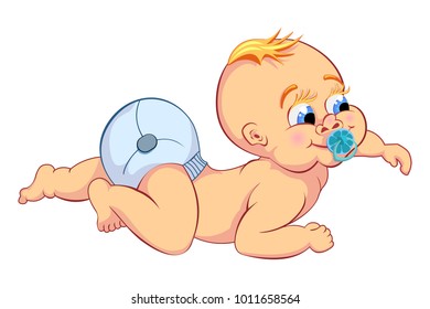 red-haired baby with a pacifier and in diapers crawling and smiling. Vector illustration on a white background.