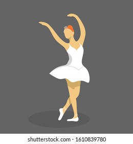 red-haired ballerina in a dance pose in a white tutu and white Pointe shoes