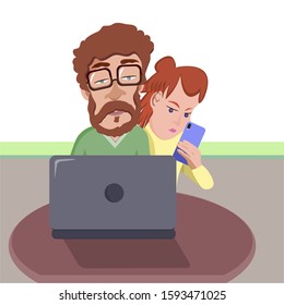 Red-haired bearded man in glasses works with a computer. The girl is jealous looking at her phone.