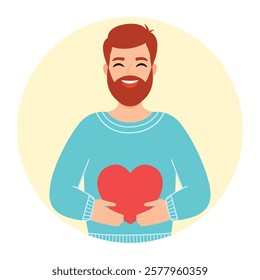 Red-haired and bearded man in love holding a heart. Vector illustration.