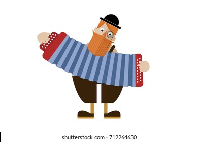 Red-haired bearded man with a monocle, in a hat and with an accordion.
