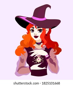 
red-haired beautiful girl witch holding a luminous star in her hands, dressed in a purple sweater and a purple cap