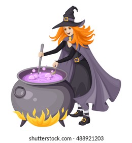 Red-haired beautiful witch in black dress, cloak and pointed hat making purple magical potion in an old large cauldron. Vector illustration isolated on a white background.