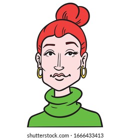 red-haired beautiful woman with bun and earrings. upper body, green turtleneck, avatar.