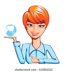 Red-haired blue-eyed girl holds in the palm of the Earth. Cartoon. Caricature. Flat.