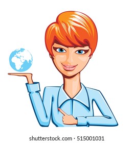 Red-haired blue-eyed girl holds in the palm of the Earth. Cartoon. Caricature. Flat.