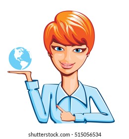 Red-haired blue-eyed girl holds in the palm of the Earth. Cartoon. Caricature. Flat.