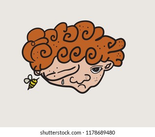 The red-haired boy was bitten by a wasp