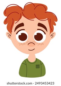 Red-haired boy with cute freckles on isolated background. Cool avatar in anime style. T-shirt print for kids