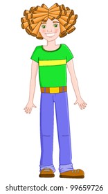 Red-haired boy with dreadlocks in a green shirt, vector illustration eps10
