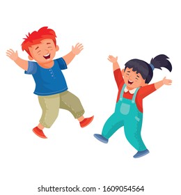 red-haired boy and girl with dark hair rejoice and have fun jumping, isolated object on a white background,