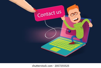 A red-haired boy with glasses climbs out of a laptop screen with a contact us button in his hand. Vector banner