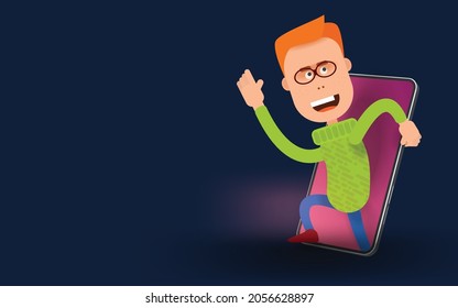 Ein rothaariger Junge mit Brille kommt aus dem Handybildschirm und windet sich die Hand. Vektorbanner