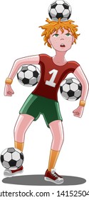 The red-haired boy holds one soccer ball on his head, one on his leg and two under his arms on a white background.