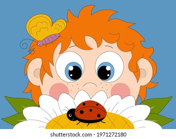 Red-haired boy looking at a ladybug that sitting on a chamomile.