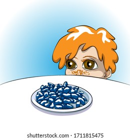 The red-haired boy looks at the berries. Vector illustration