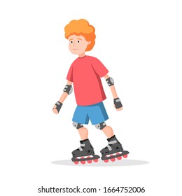 Red-haired boy rides on roller skates. A child in knee pads, elbow pads and gloves learns to rollerblade. Vector illustration isolated on white background