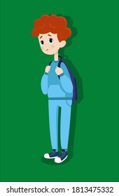 red-haired boy with a sad face. in a blue tracksuit and a backpack over his shoulders. vector illustration